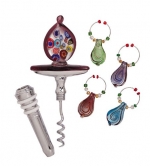 Dual Stopper/Corkscrew, Wine Charms Gift Set,Metal and Glass,8.75x4.5x1.5 Inches