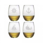 Stemless Wine Glasses (Set Of 4) Etched Nautical Icons With Four Different Designs.... Crystal Lead Free & Dishwasher Safe... Makes A Perfect Gift For Wedding, Birthday, Shower, Hostess Or Any Occasion