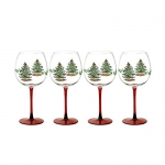 Spode Christmas Tree Glass Wine Goblet with Red Stem, Set of 4