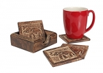 Store Indya Set of 4 Wooden Square Coasters with Holder Stand Drinks Coffee Tea Wine Glass Hand carved with Elephant Motif Barware and Dinning Accessory