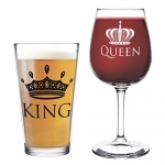 King Beer Queen Wine Glass- 16 oz. Pint Glass, 12.75 oz. Wine Glass - Cool Gift Idea for Wedding, Anniversary, Newlyweds, and Couples (Set of 2)